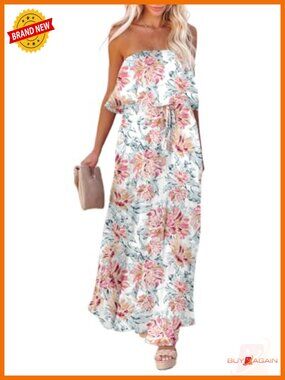 Strapless Maxi Dress High Waist Side Split Flowy Boho Summer Casual